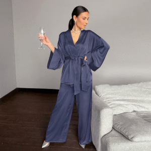 Атласна піжама у стилі Кімоно — елегантний комплект преміум-класу (Синя)